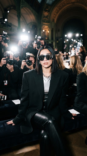 Front-row guest in oversized silver sunglasses at a fashion show