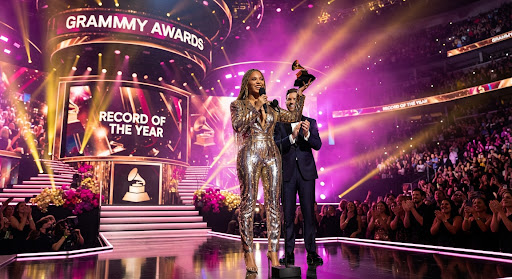 Awards stage lit in magenta and gold with a performer in a metallic jumpsuit
