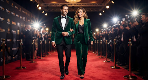 Two people in coordinated emerald and black velvet tuxedos on a red carpet