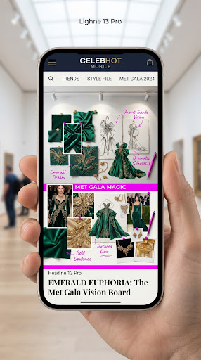 Fashion mood board with emerald fabrics and gold embroidery