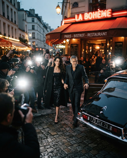 Couple leaving a Paris bistro at dusk with photographers' flashes
